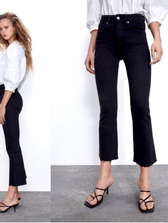 Zara Denim - New Zara Cropped Flare Jeans High Rise Frayed Hem Black